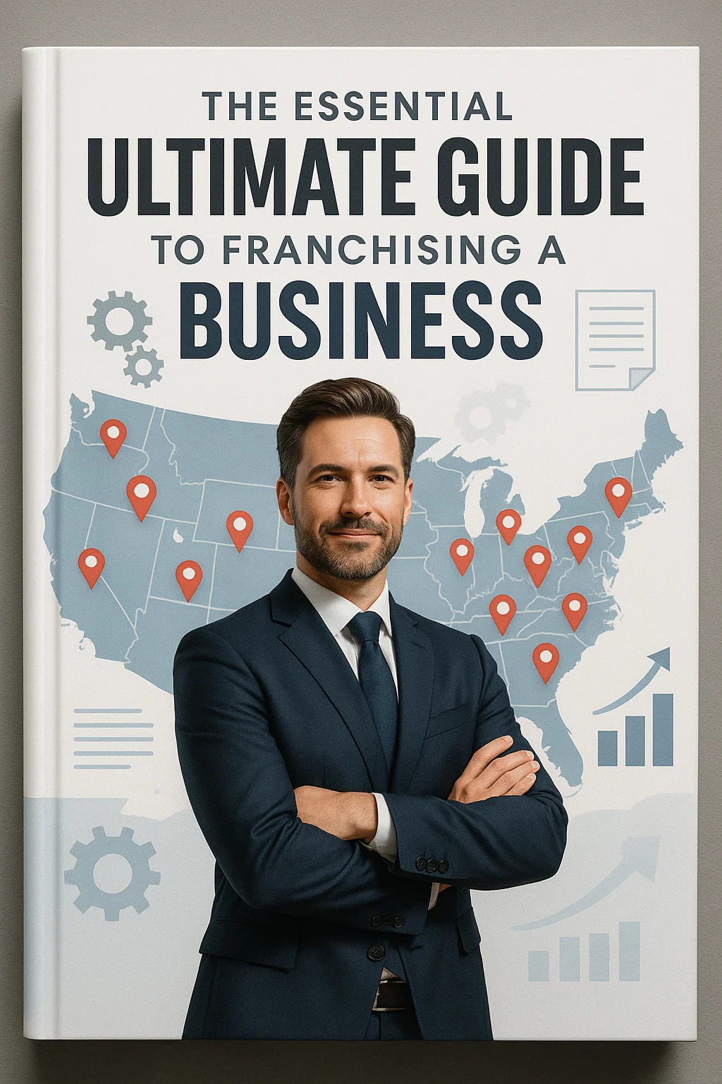 Franchise Development Guides: Businessman in suit standing in front of a book cover titled 'The Essential Ultimate Guide to Franchising a Business'. Background features a U.S. map with location pins, gears, and growth charts.