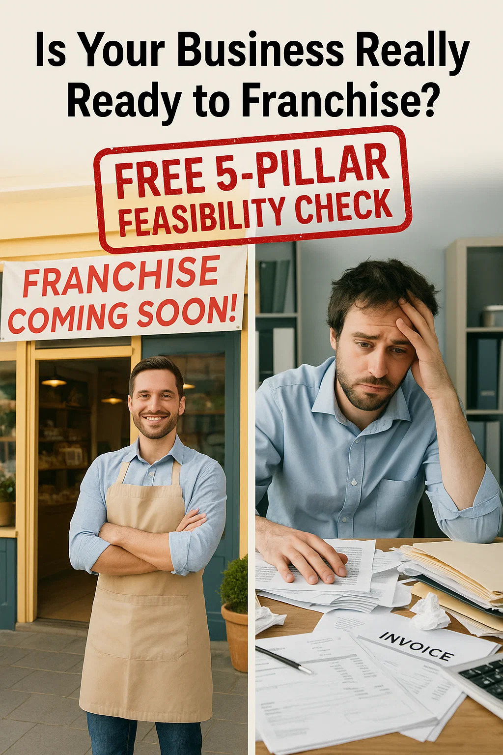 Image split into two sections. Left side shows a smiling man wearing an apron standing in front of a shop with a 'Franchise Coming Soon!' sign. Right side shows a worried man with papers and invoices on a desk. The text above reads 'Is Your Business Really Ready to Franchise?' with a stamp 'Free 5-Pillar Feasibility Check'. Relevant to franchise development and business growth strategies.
