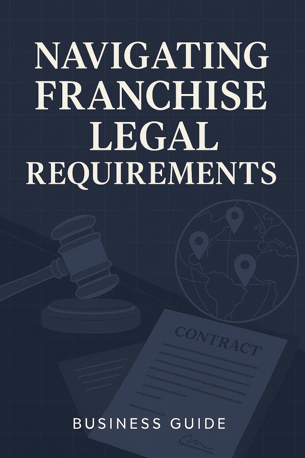 Cover of a business guide titled 'Navigating Franchise Legal Requirements' featuring icons of a gavel, a contract document, and a globe with location markers, symbolizing legal and glo